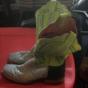Laredo Two-Tone Ostrich Look Cowboy Boots in Lime Green and Light Gray